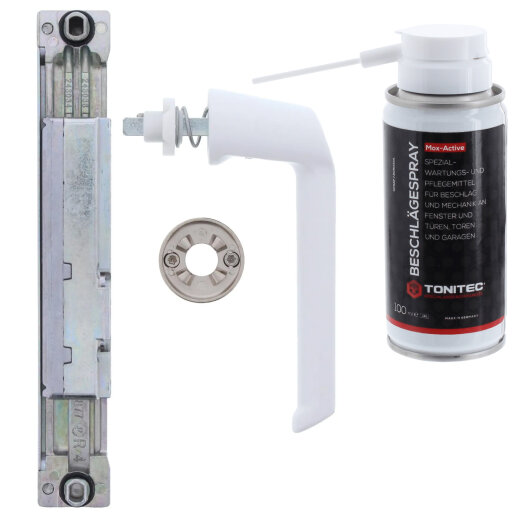 Schüco Reparaturset für Metallfenster mit Kammergetriebe 23er (Rechts), Rosette und Steckgriff (Weiß) inkl. ToniTec® Beschlägespray